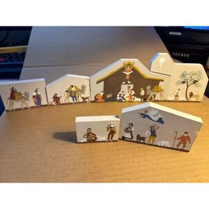 Vintage 1993 1994 The Cats Meow Christmas Nativity 6 Piece Set Wood Shelf Sitter